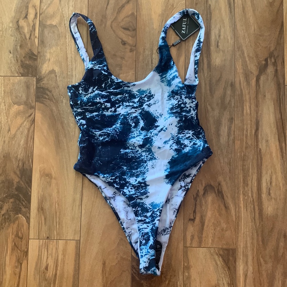 Blue tie dye low back one piece swimsuit